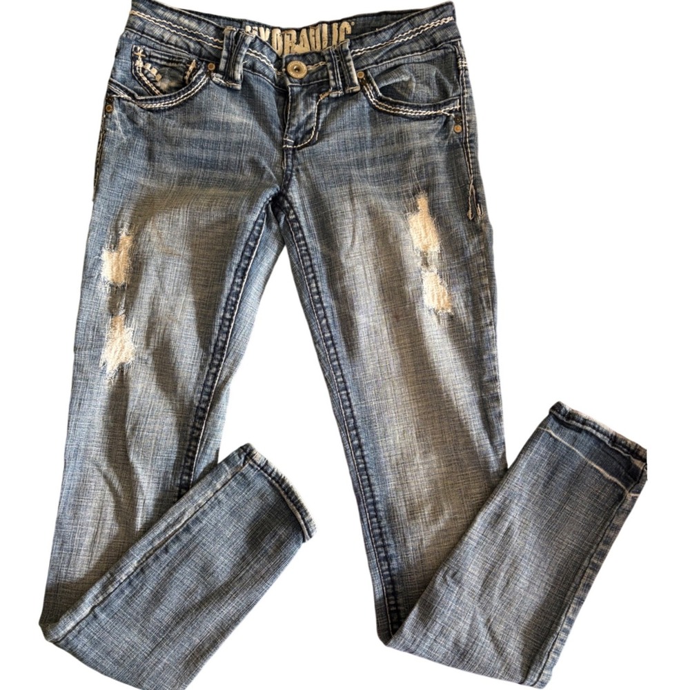 Hydraulic Vikki Legging‎ Jeans Juniors7/8 Med Wash Distressed Thick Stitch Blue
